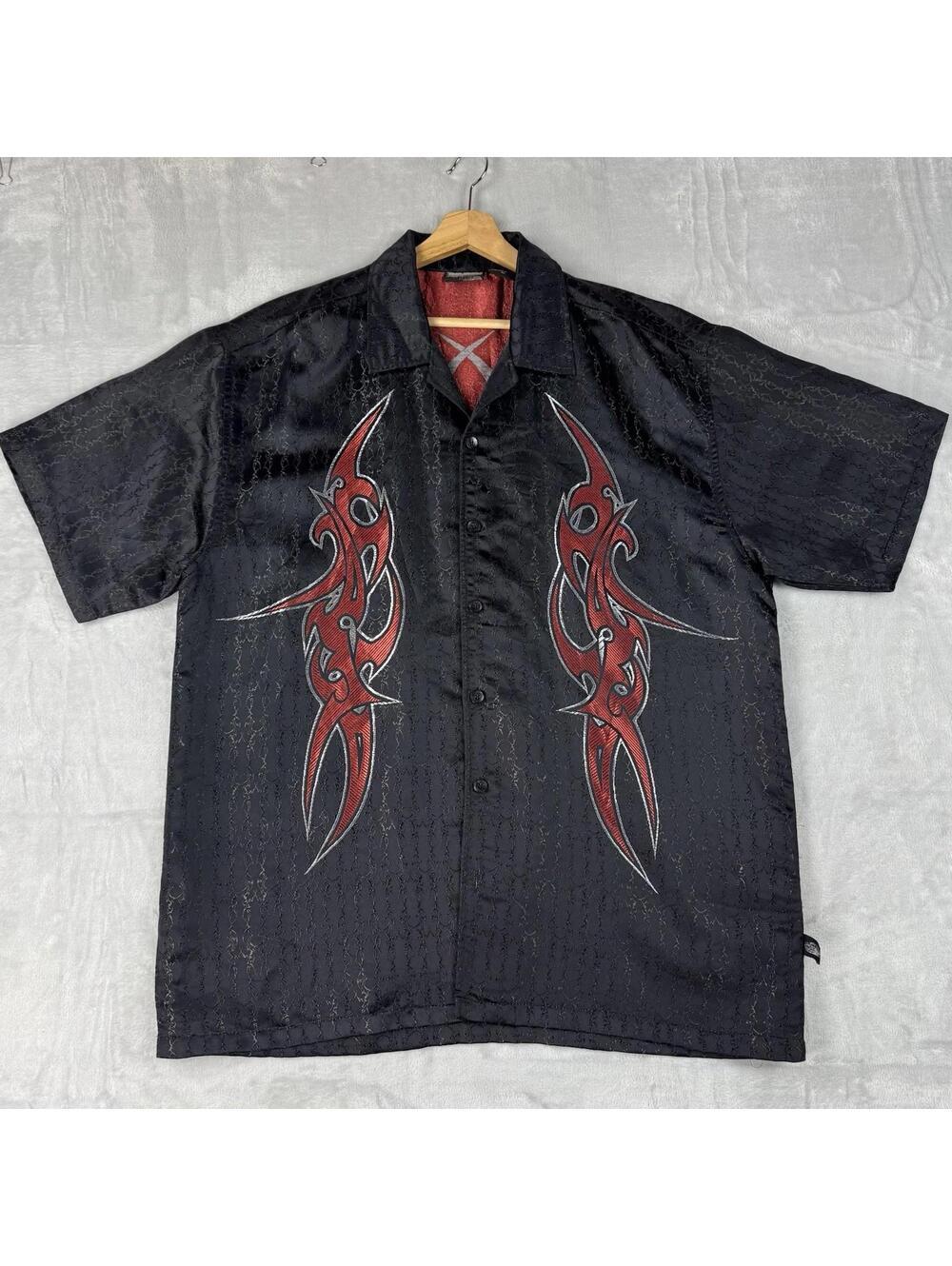 Epidemic ButtonUp Shirt Tribal Flame Graphic Black Red XL Y2K Streetwear Vintage